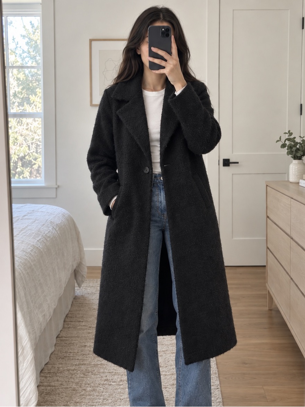 Monk & Lou Black Textured Long Coat Single Button XS NWT